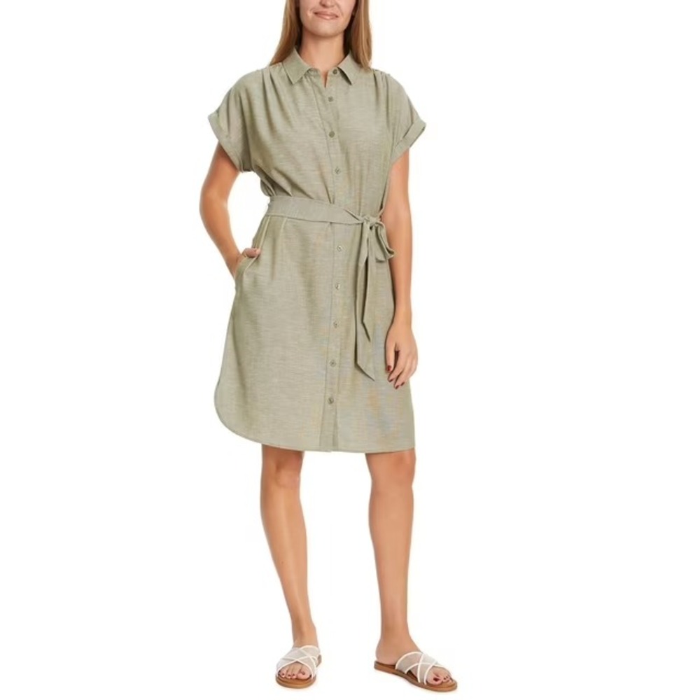Nine West Womens Shirt Dress Size L Olive Green Short Sleeve Belted Button Down